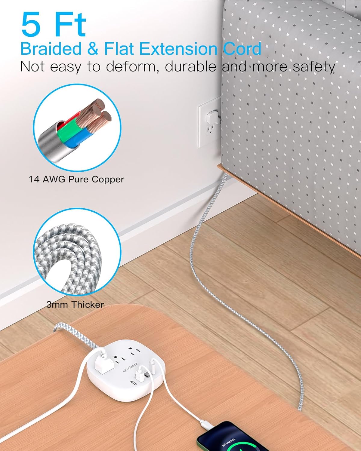 THUS03UC2 Onebeat Regleta multicontacto, cable de extensión ultraplano de 1.5 m, 3 tomas, 4 puertos USB (2 USB C)