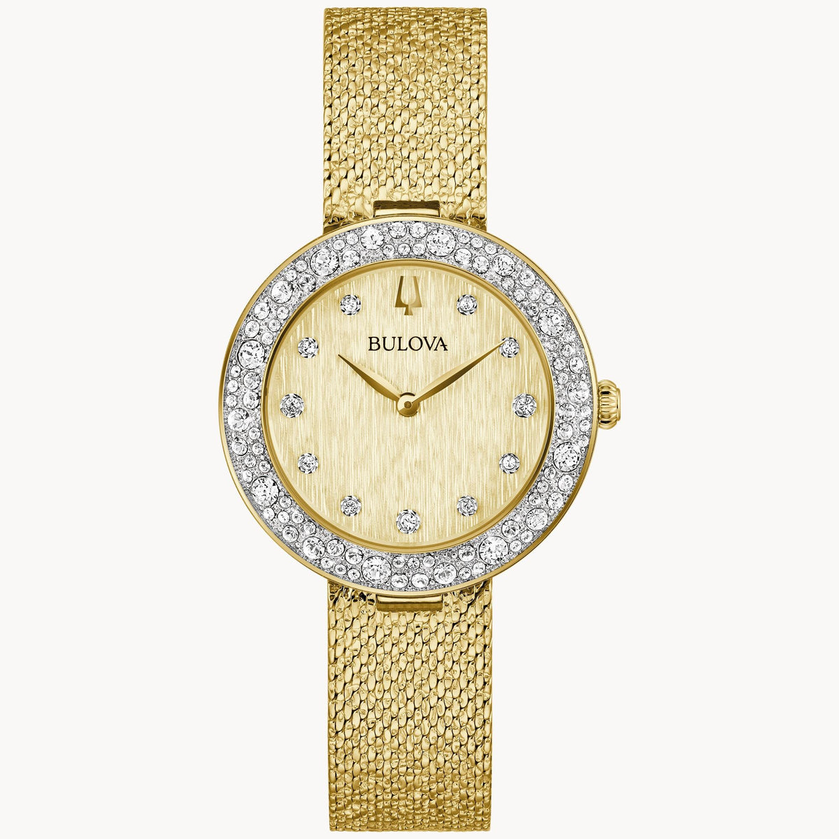 98L321 Reloj Bulova Phantom Champagne Crystal de dama correa de mesh