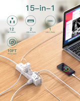 AD12W3U Addtam Cable de extensión de 3 metros con múltiples tomas, 12 tomas, 3 puertos USB (2USB C),