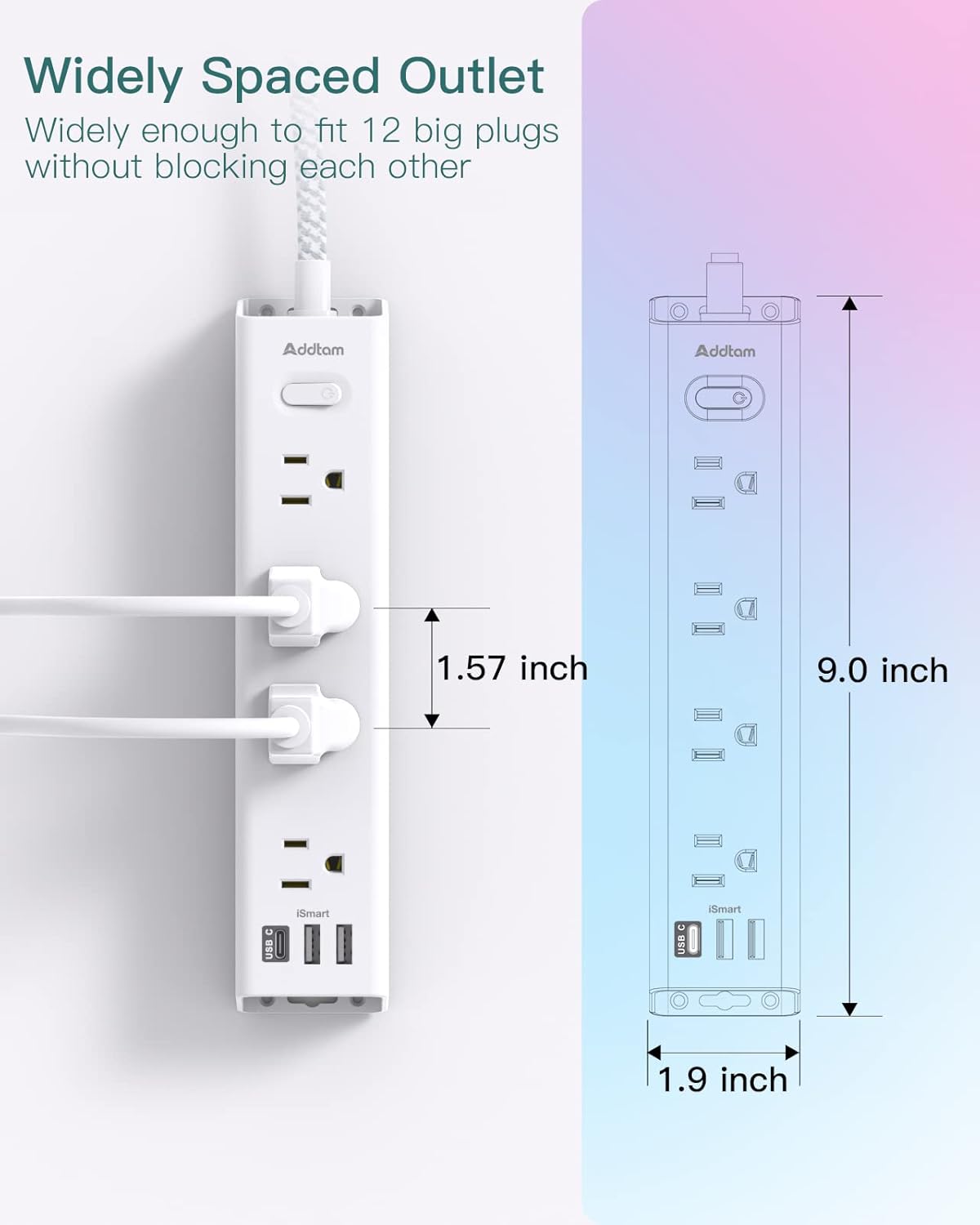 AD12W3U Addtam Cable de extensión de 3 metros con múltiples tomas, 12 tomas, 3 puertos USB (2USB C),