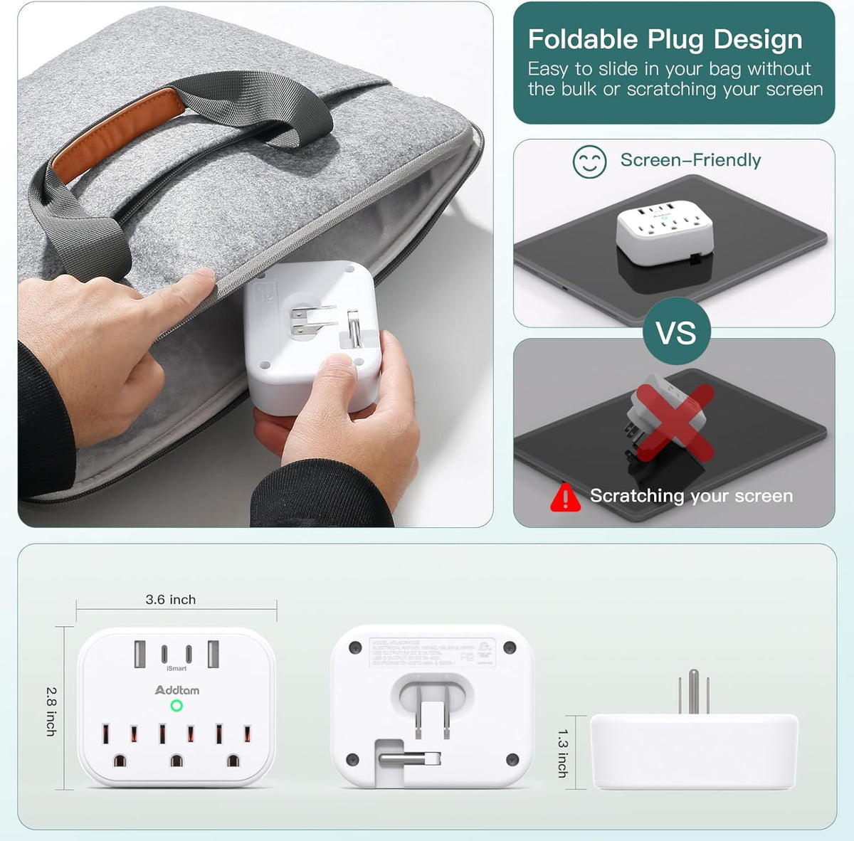 AD3WC2Z Addtam Tira de alimentación protector de sobretensión, extensor de salida de viaje con 3 tomacorrientes, 4 USB (2 USB-C)