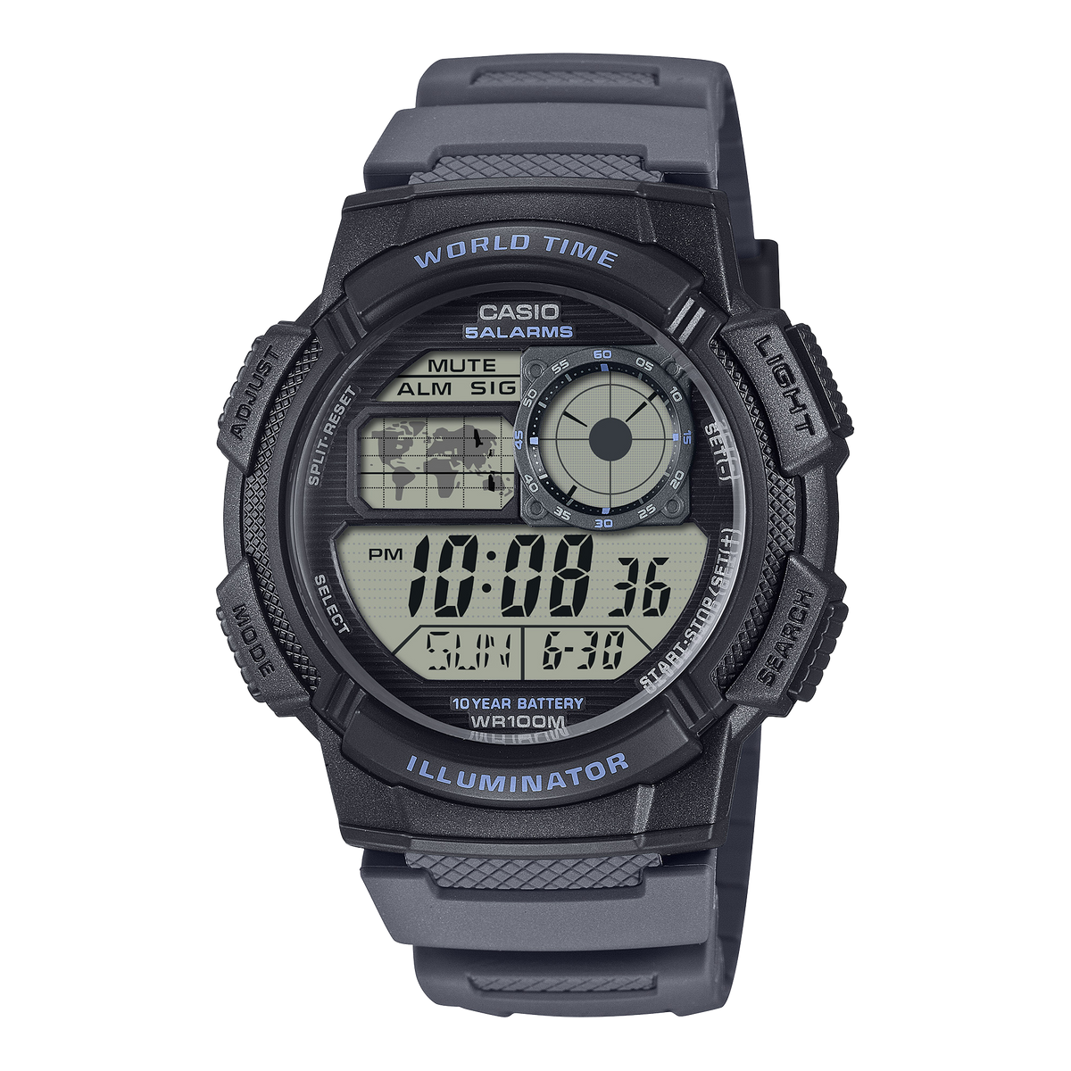 AE-1000 Reloj Casio para Hombre Banda de Goma Digital Illuminator Hora Mundial 10 Años de Batería