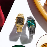 AQ-230 Reloj Casio Unisex Pulsera de Acero Inoxidable Doble hora Vintage Clásico