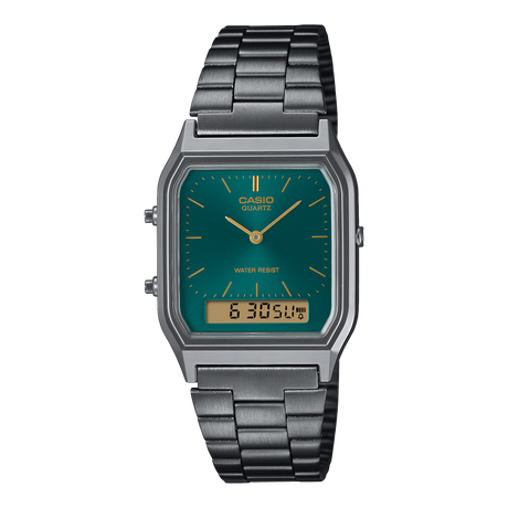 AQ-230 Reloj Casio Unisex Pulsera de Acero Inoxidable Doble hora Vintage Clásico