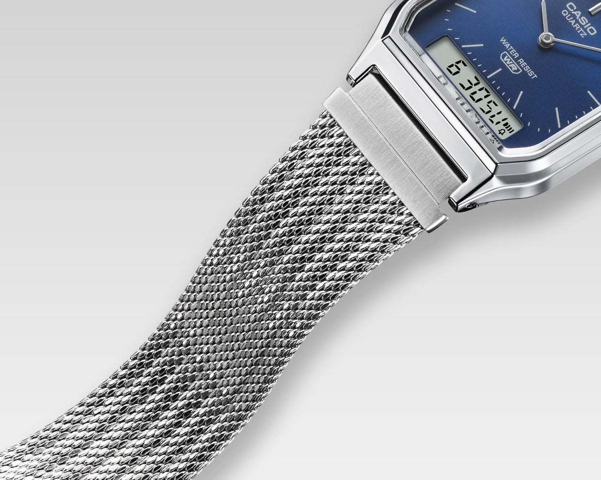 AQ-230EM Reloj Casio unisex banda mesh doble hora
