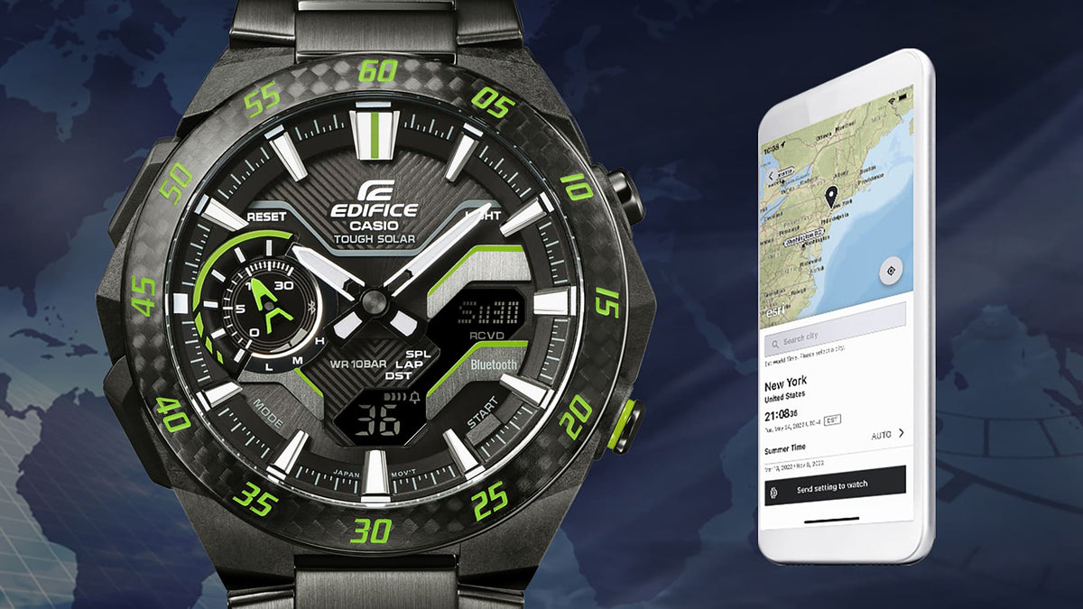 ECB-2200 Edifice Windflow Tough Solar Reloj para Hombre Pulsera de Metal Doble hora Bluetooth