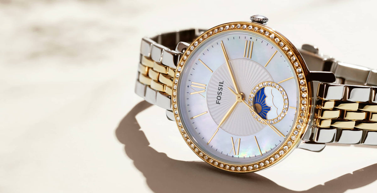 Reloj Fossil Jacqueline Solar y Lunar de mujer correa de metal