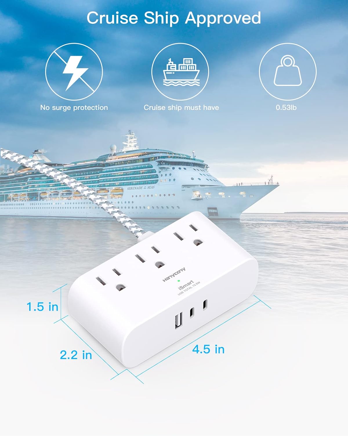 HN93T Hanycony Tira de alimentación de enchufe plano de 6 pies, cable de extensión plano ultrafino, 3 tomacorrientes, 3 puertos USB (2 USB C)