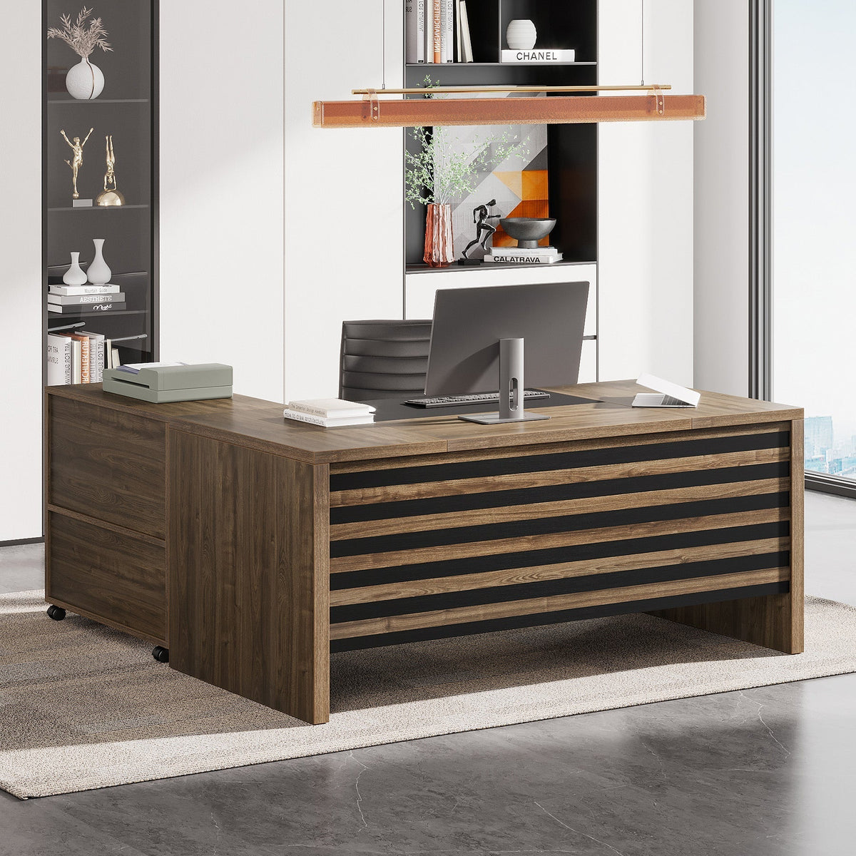 HOGA-NY177 Escritorio ejecutivo en forma de L de 168 cm: Escritorio para computadora con gabinete de archivos móvil. Tribesigns