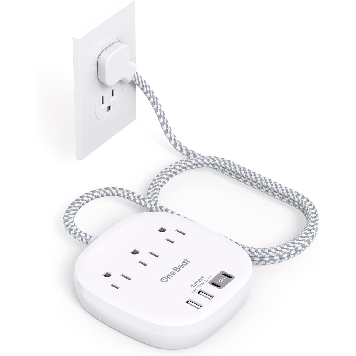 THUS03UC2 Onebeat Regleta multicontacto, cable de extensión ultraplano de 1.5 m, 3 tomas, 4 puertos USB (2 USB C)
