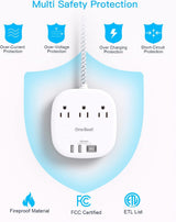 THUS03UC2 Onebeat Regleta multicontacto, cable de extensión ultraplano de 1.5 m, 3 tomas, 4 puertos USB (2 USB C)