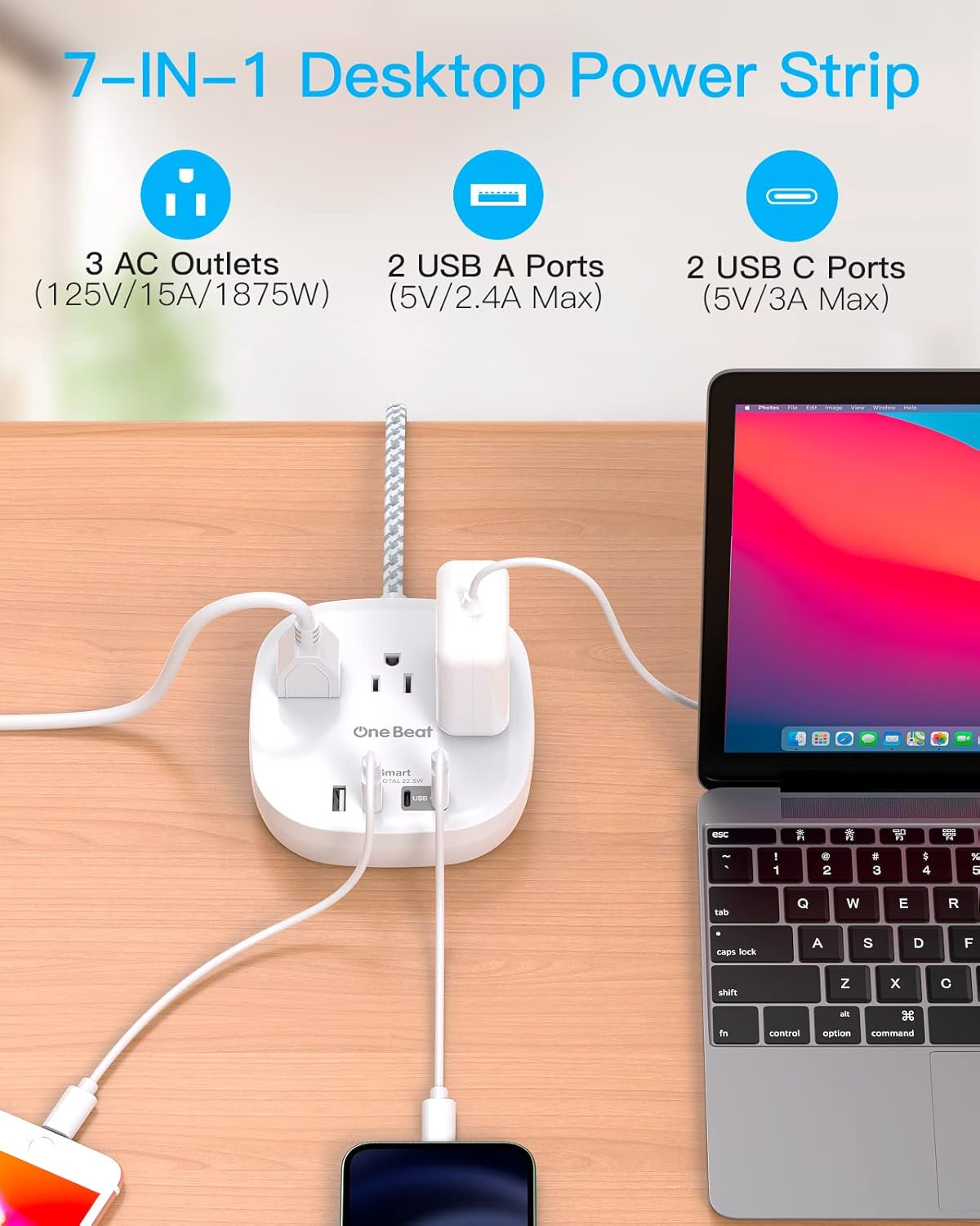 THUS03UC2 Onebeat Regleta multicontacto, cable de extensión ultraplano de 1.5 m, 3 tomas, 4 puertos USB (2 USB C)