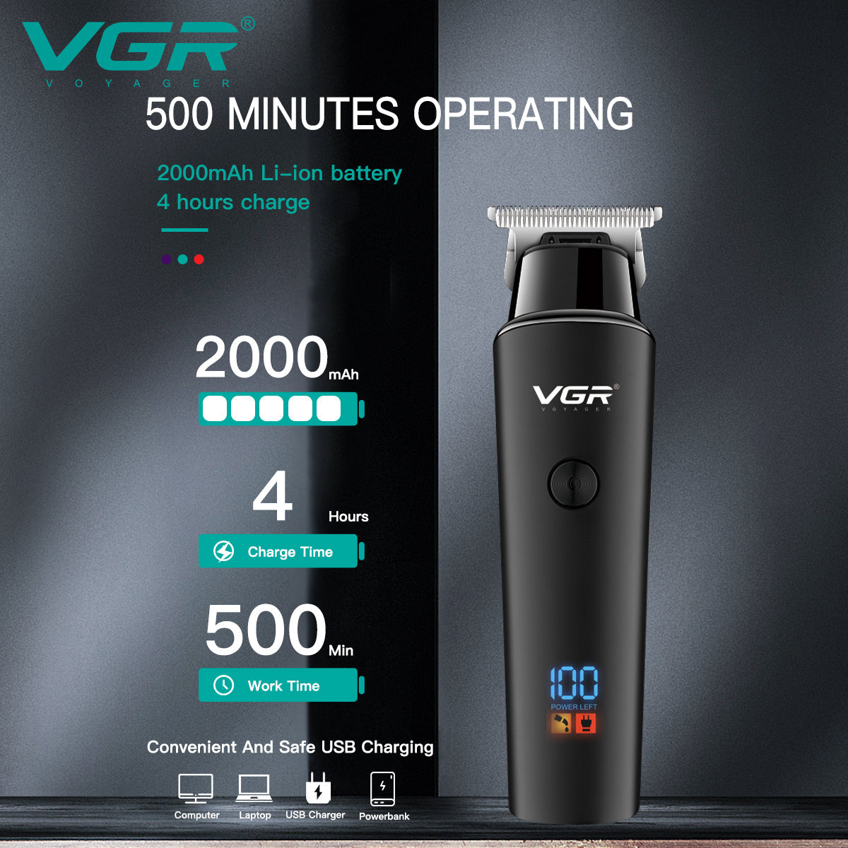 V-937 Rasuradora inalámbrica para cabello recargable por USB pantalla LED